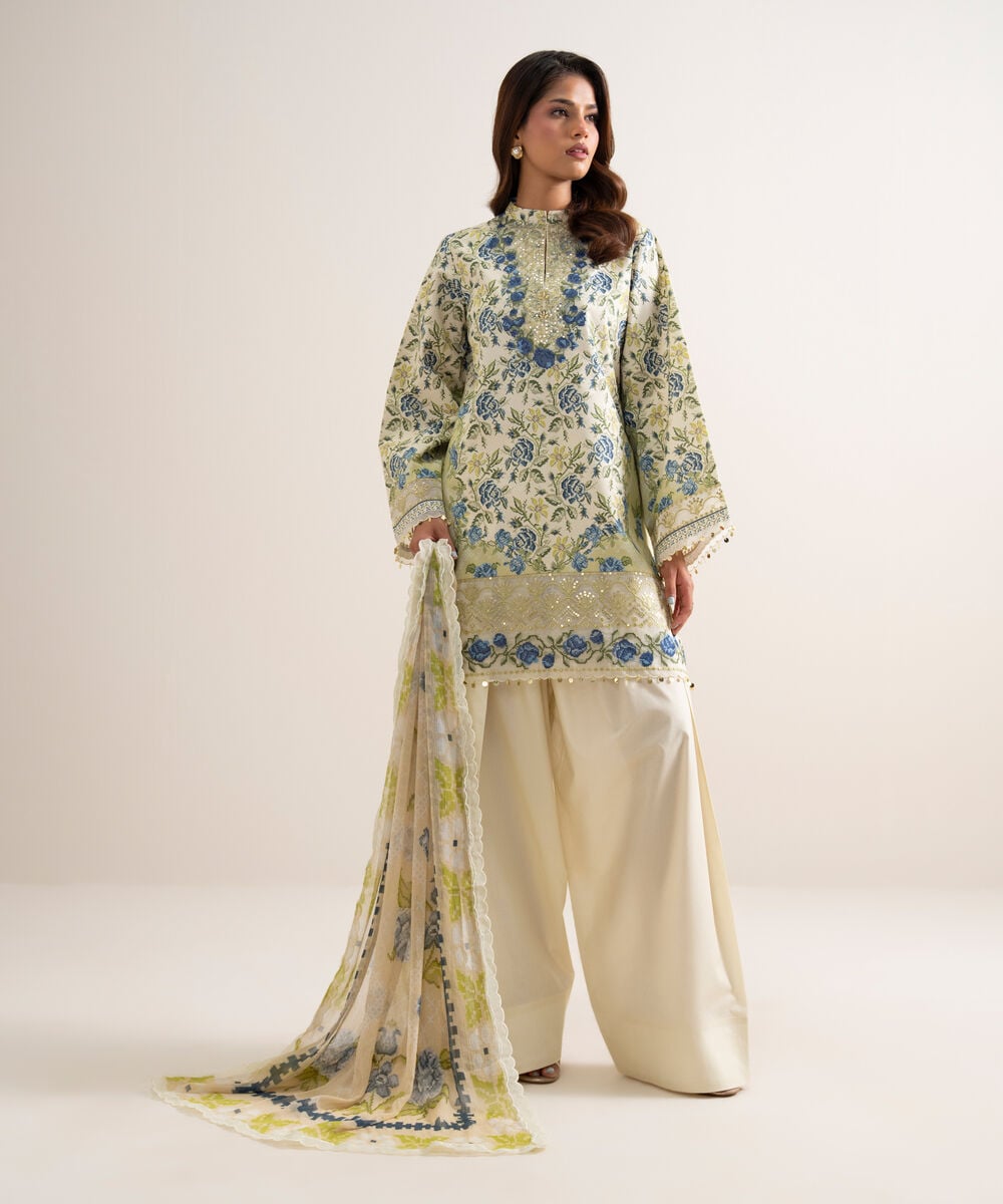 3 Piece - Embroidered Zari Cotton Suit — Sapphire