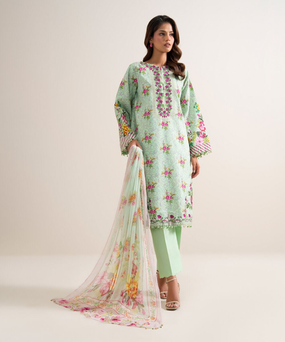 3 Piece - Embroidered Zari Cotton Suit โ Sapphire view 3