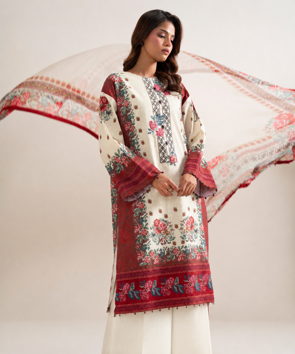3 Piece - Embroidered Zari Cotton Suit — Sapphire