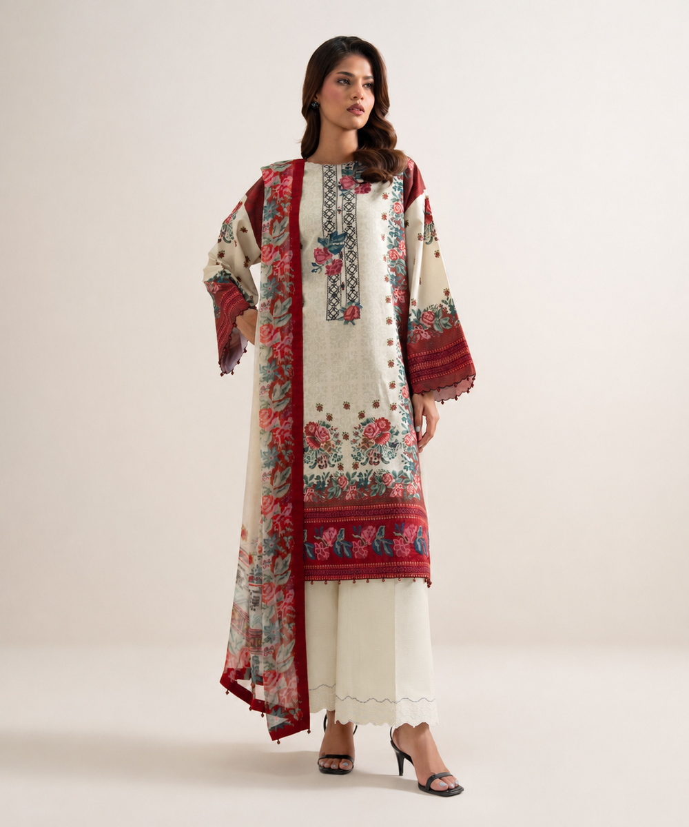 3 Piece - Embroidered Zari Cotton Suit โ Sapphire view 3