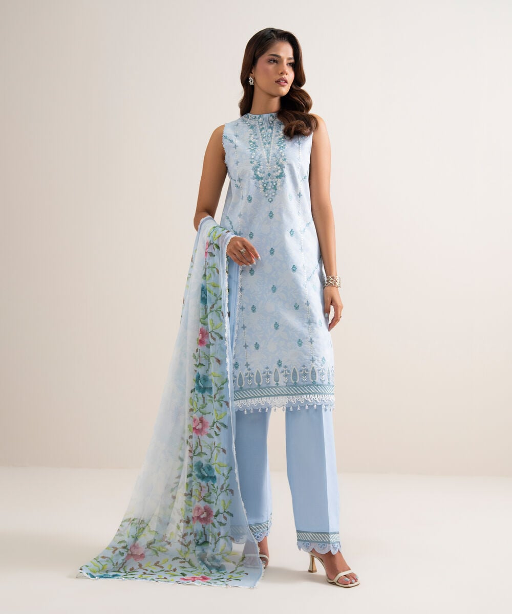 3 Piece - Embroidered Zari Cotton Suit — Sapphire