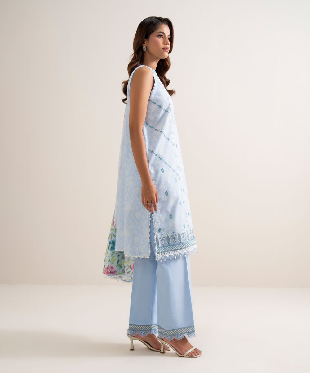 3 Piece - Embroidered Zari Cotton Suit โ Sapphire view 3