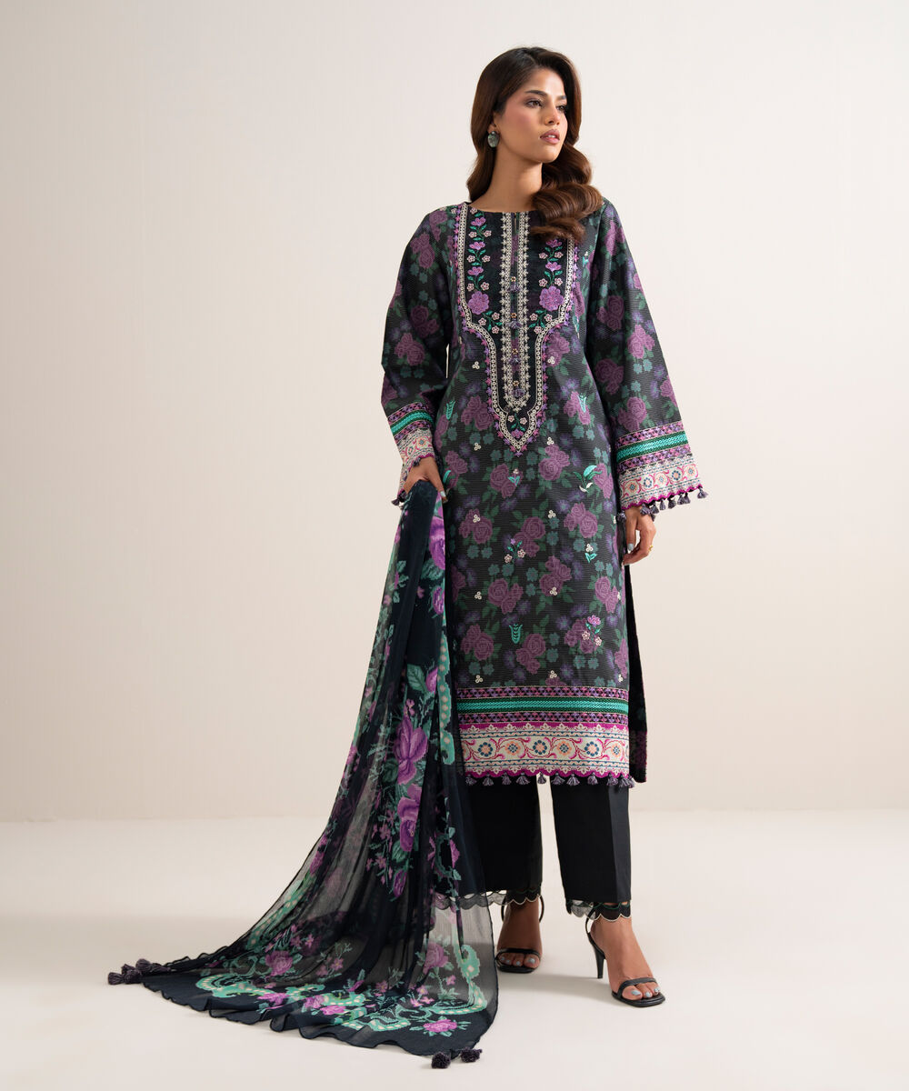 3 Piece - Embroidered Zari Cotton Suit โ Sapphire view 3