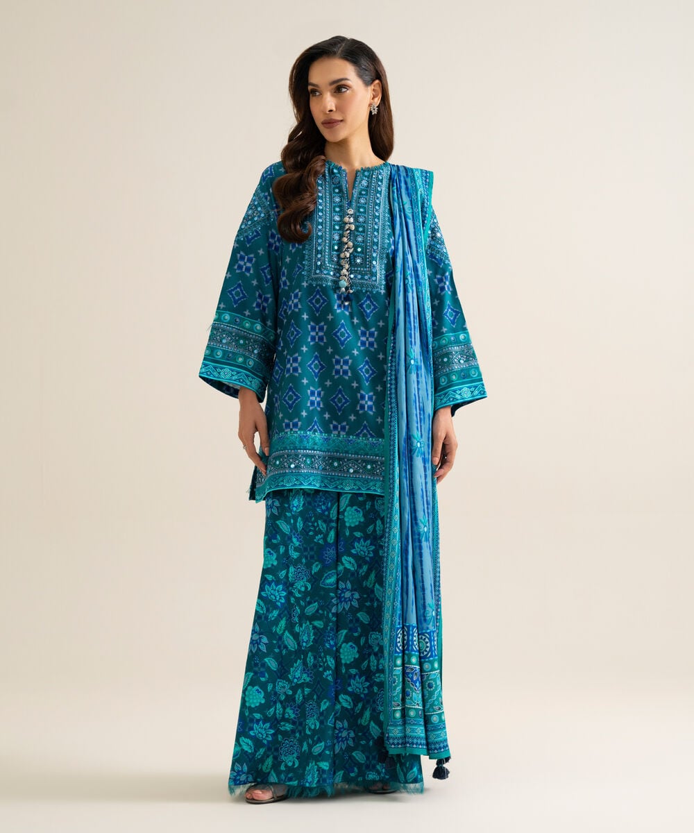 3 Piece - Embroidered Linen Suit — Sapphire