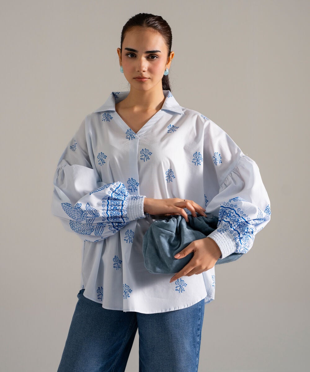 Block Printed Lawn Shirt — Sapphire