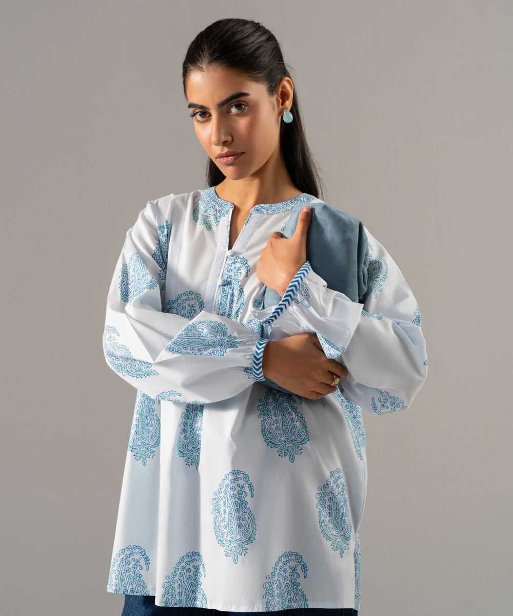 Block Printed Lawn Shirt — Sapphire