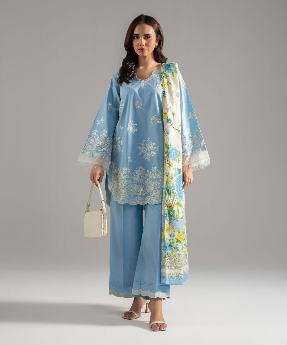 3 Piece - Embroidered Cambric Suit — Sapphire