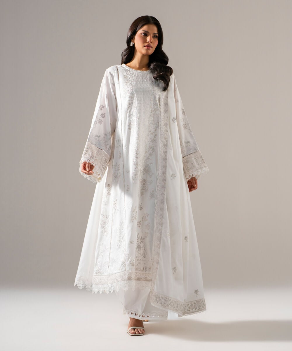 3 Piece - Embroidered Cotton Satin Suit — Sapphire