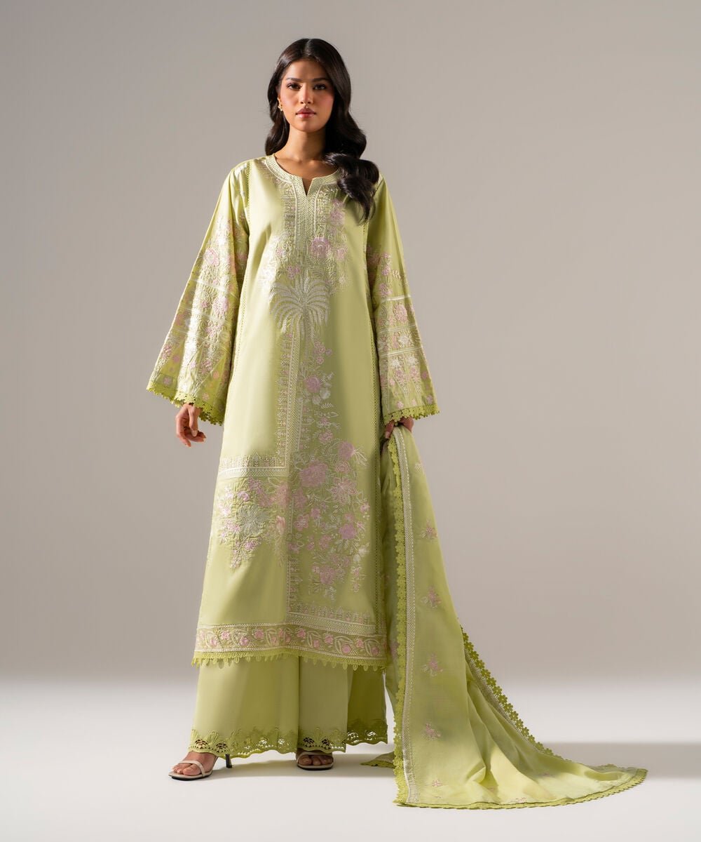 3 Piece - Embroidered Cotton Satin Suit — Sapphire