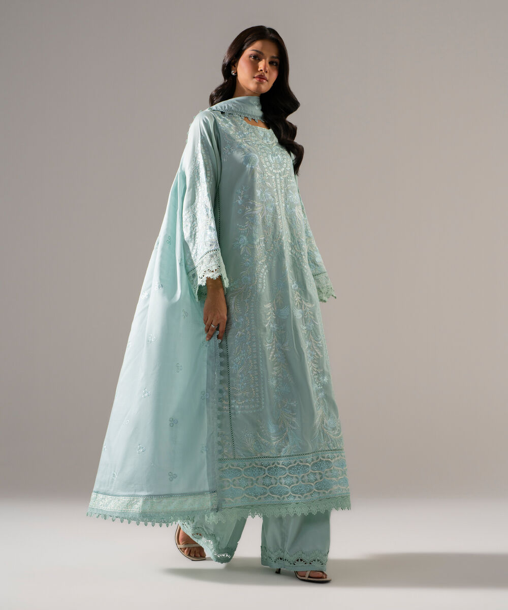 3 Piece - Embroidered Cotton Satin Suit — Sapphire view 3