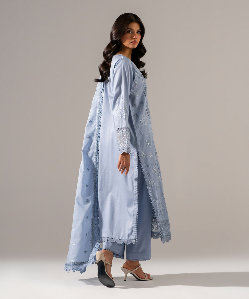 3 Piece - Embroidered Cotton Satin Suit — Sapphire view 3