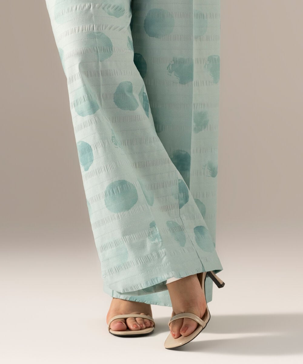 Printed Seersucker Straight Pants — Sapphire