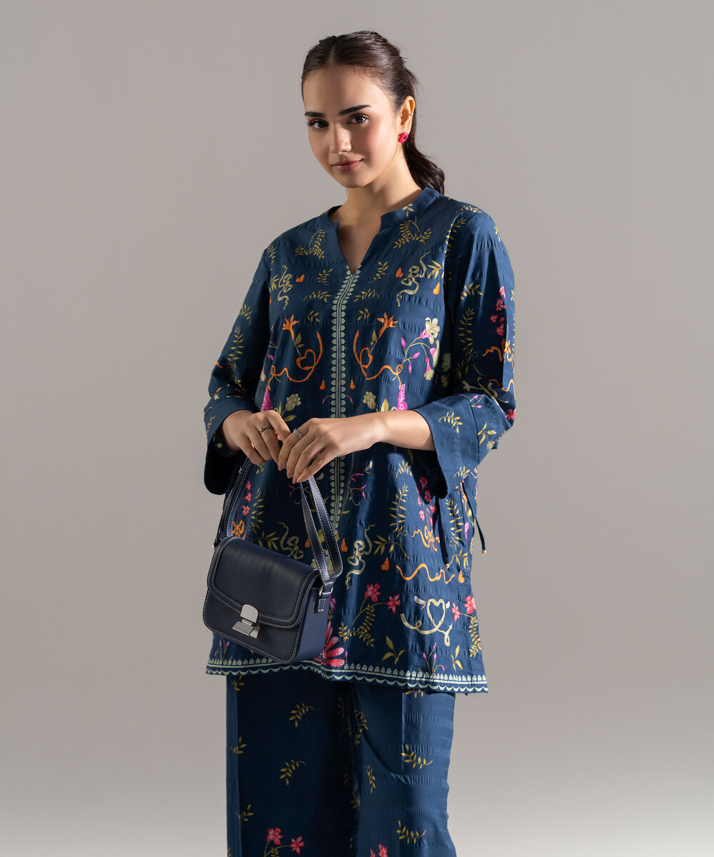 Printed Seersucker Flared Pants โ Sapphire view 3