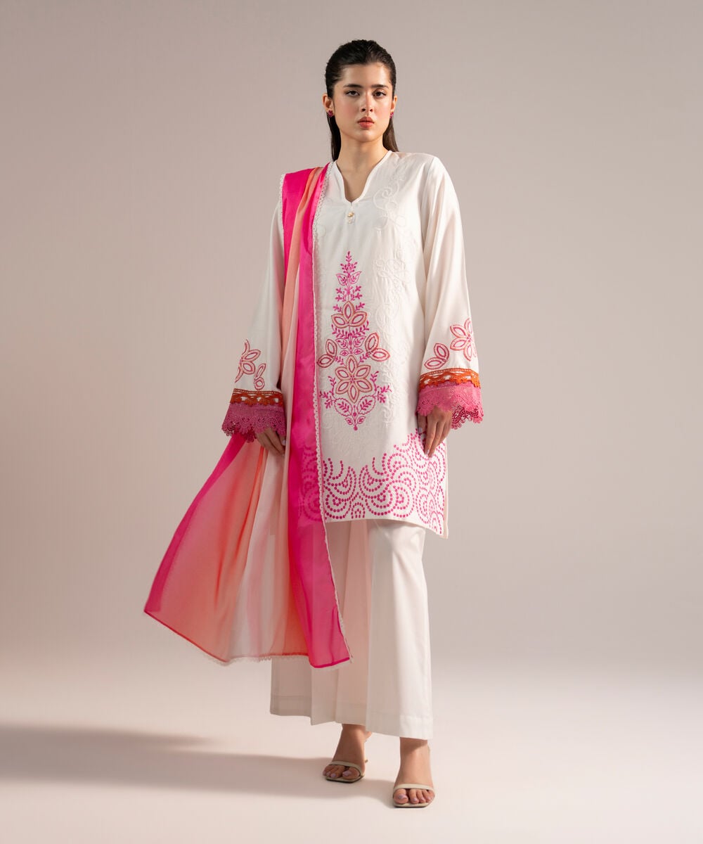 2 Piece - Embroidered Cotton Satin Suit — Sapphire